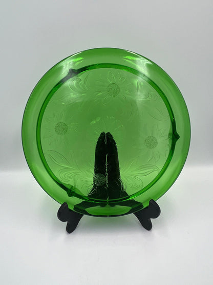 Depression Era Glass Cake Plate, Green Sunflowers (10 Inch, 3-Footed)