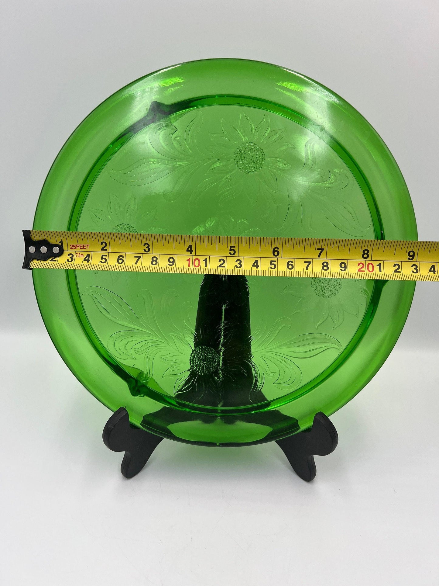 Depression Era Glass Cake Plate, Green Sunflowers (10 Inch, 3-Footed)