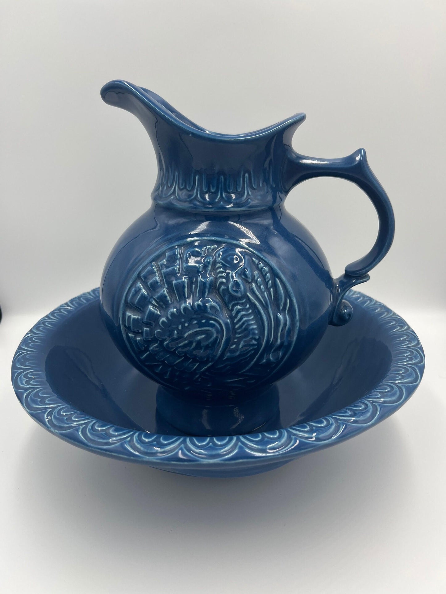 Blue Turkey Pitcher and Basin - Mid Century McCoy Pottery Set