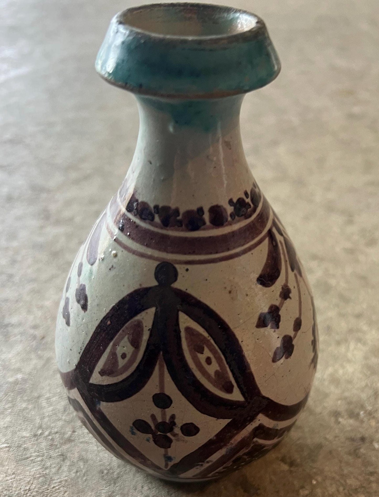 Vintage Ceramic Vase: Turquoise Rim and Earth Tones (Artist Signed)