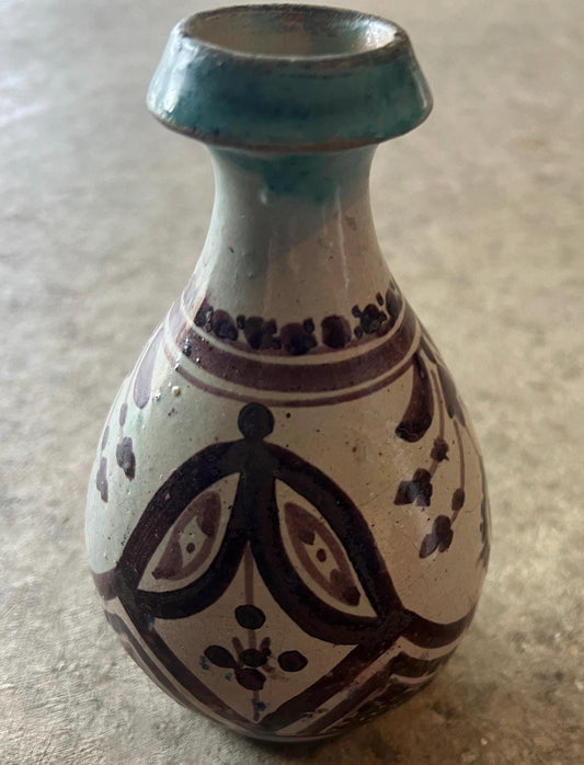 Vintage Ceramic Vase: Turquoise Rim and Earth Tones (Artist Signed)