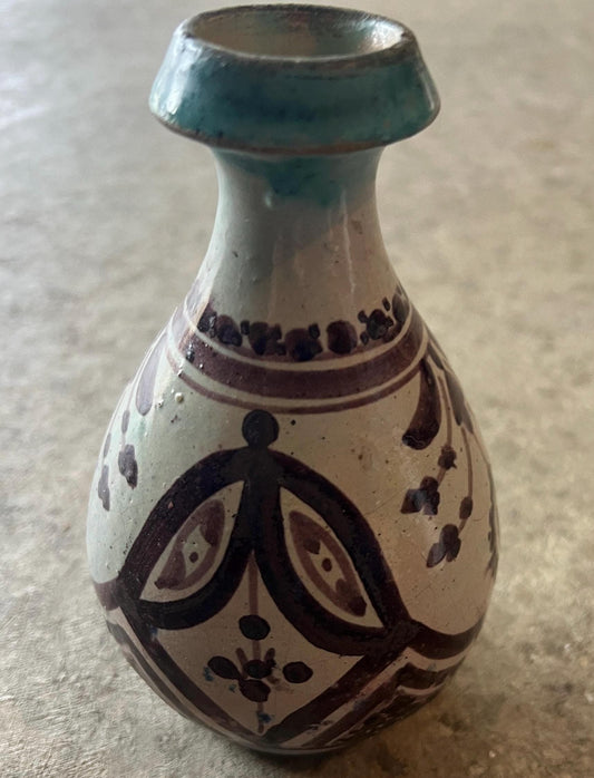 Signed Vintage Ceramic Vase with Turquoise Rim