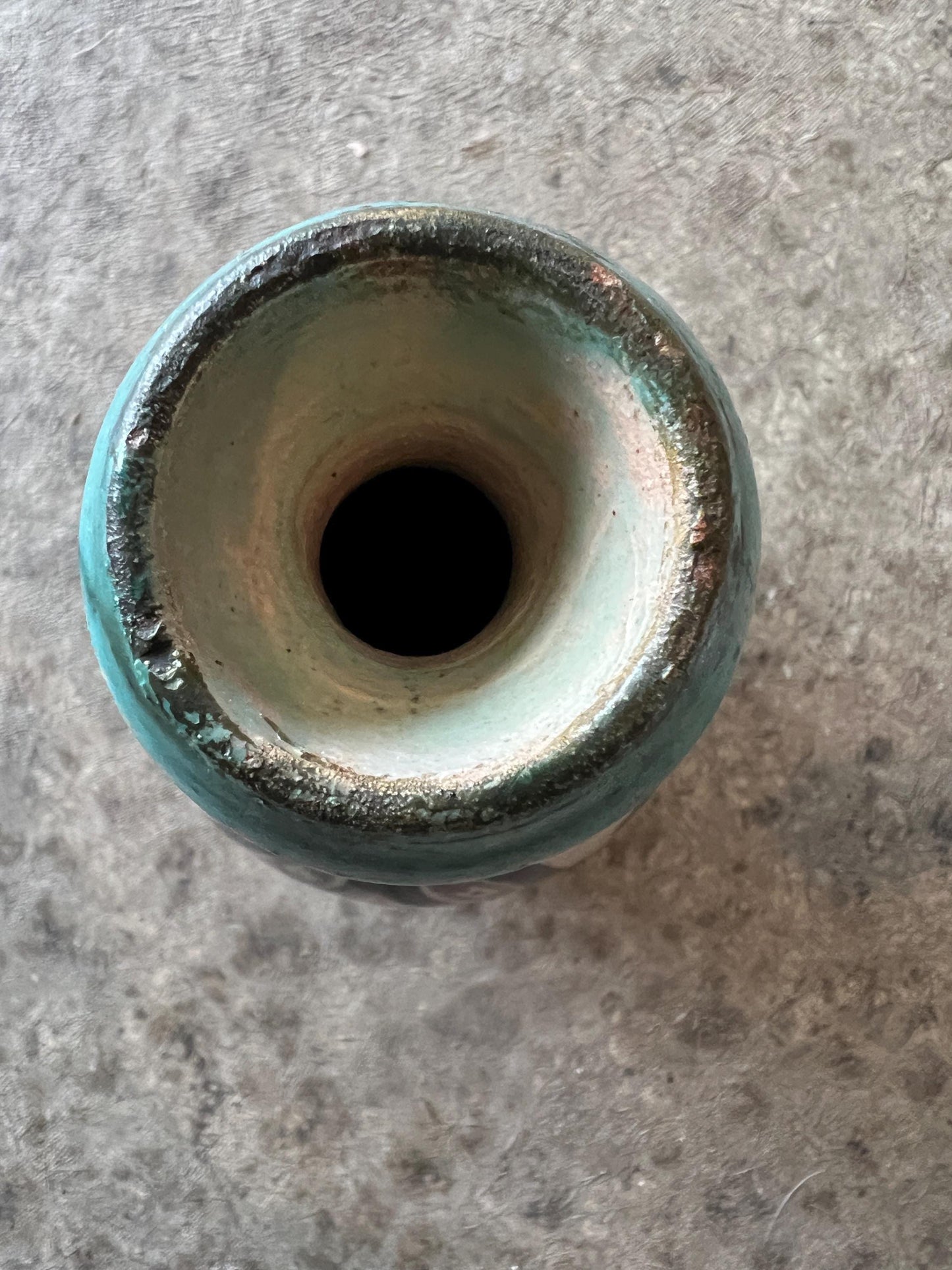 Vintage Ceramic Vase: Turquoise Rim and Earth Tones (Artist Signed)