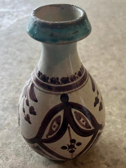 Vintage Ceramic Vase: Turquoise Rim and Earth Tones (Artist Signed)