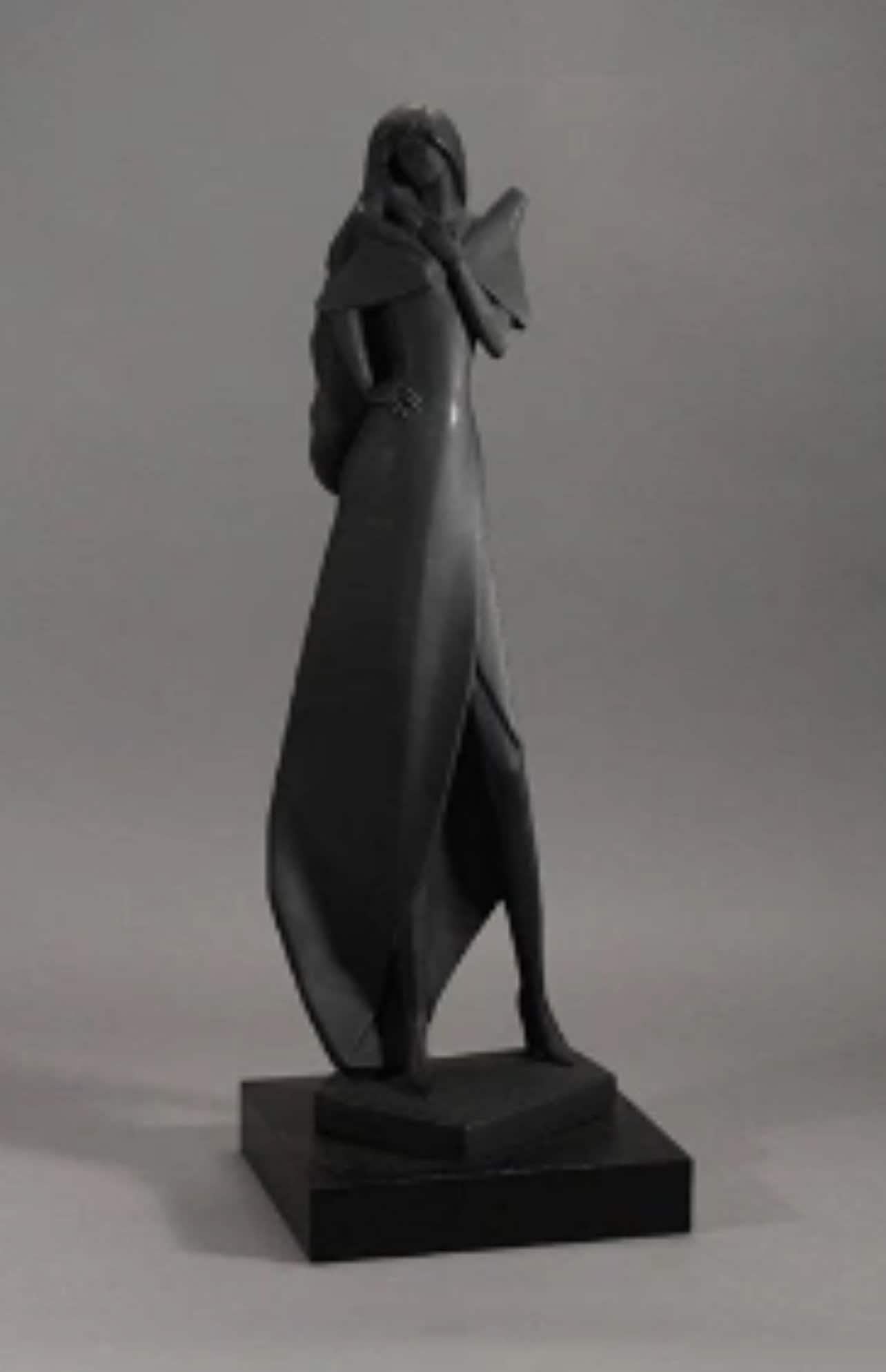 Woman Statue by David Fisher: Tall Black Resin - 1980s Mod Style