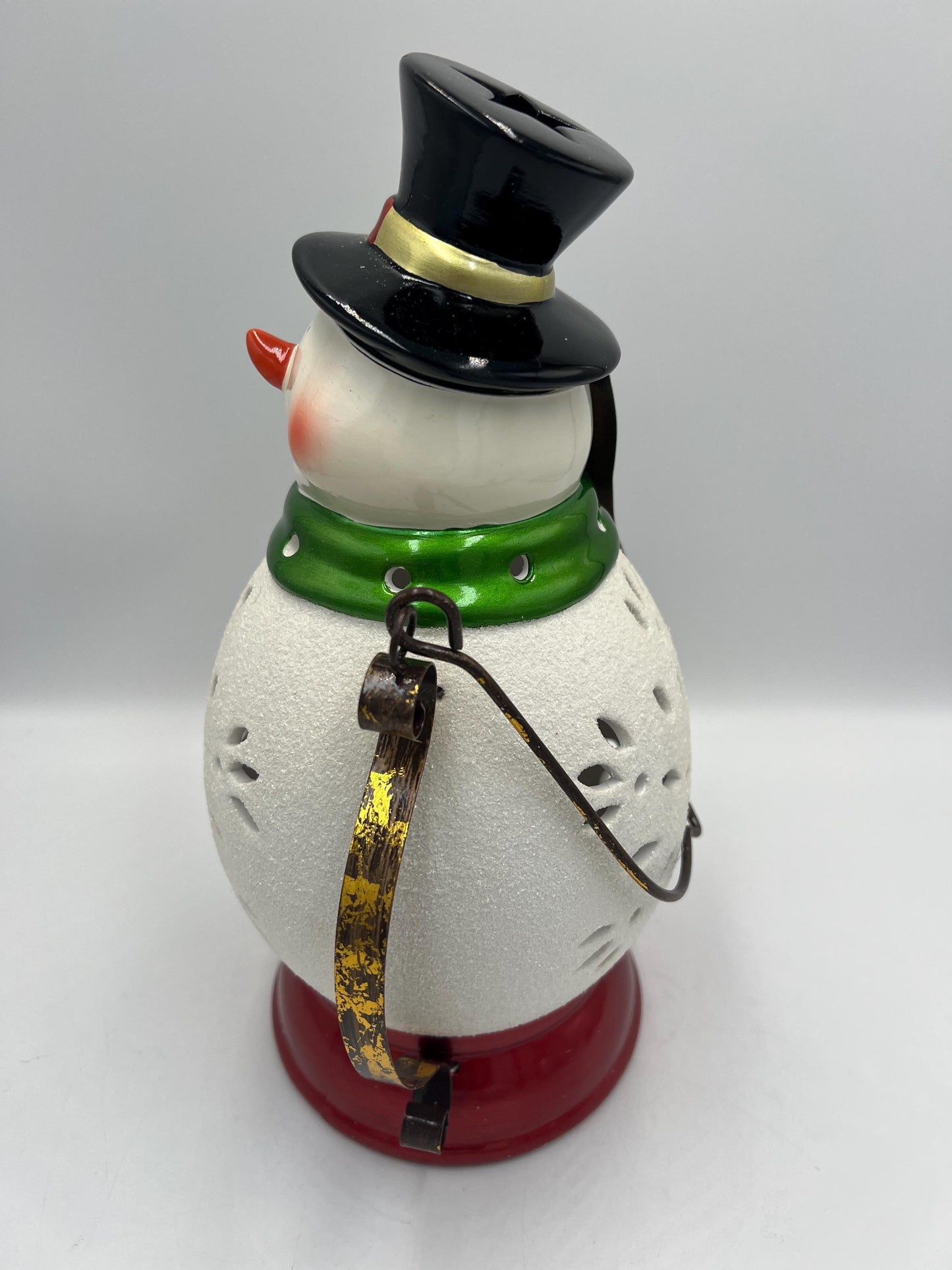Christmas Snowman Lantern, Green Scarf and Top Hat (11 Inches Tall)