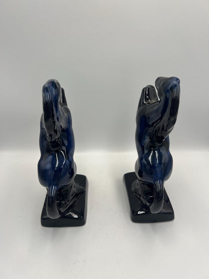 Blue Mountain Pottery Horses / Pair of Cobalt Blue Drip BMP Rearing Horses / Set of BMP Horse Bookends / BMP Canada