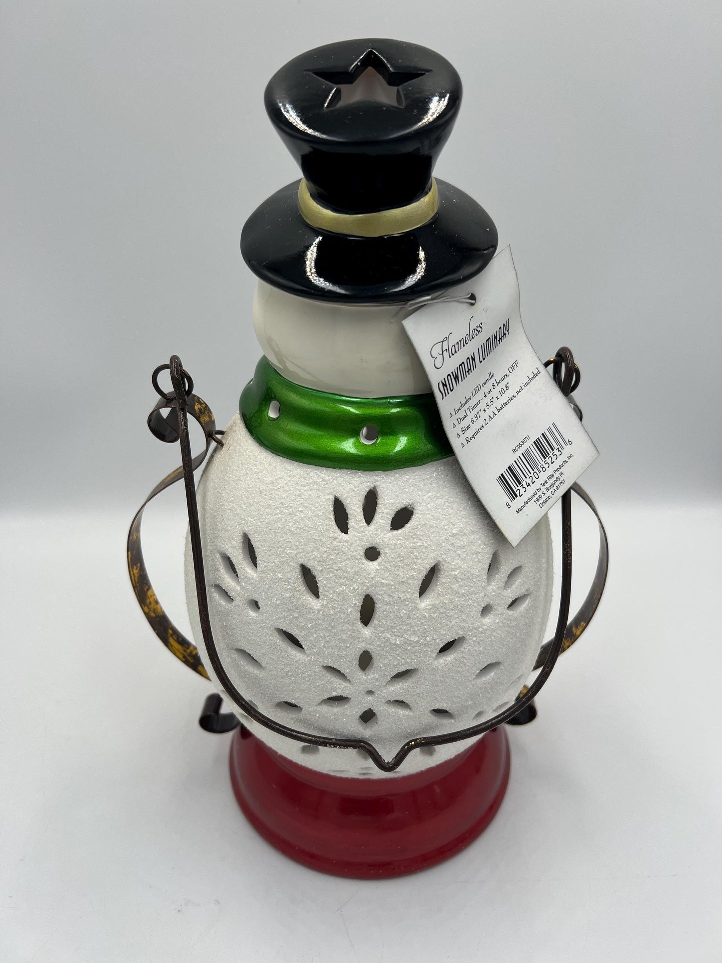 Christmas Snowman Lantern, Green Scarf and Top Hat (11 Inches Tall)