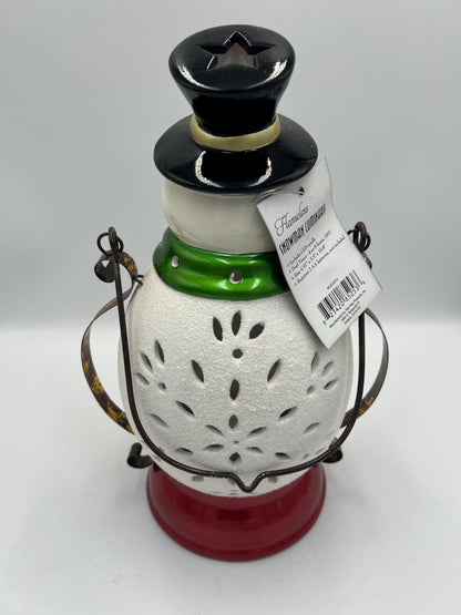 Christmas Snowman Lantern, Green Scarf and Top Hat (11 Inches Tall)