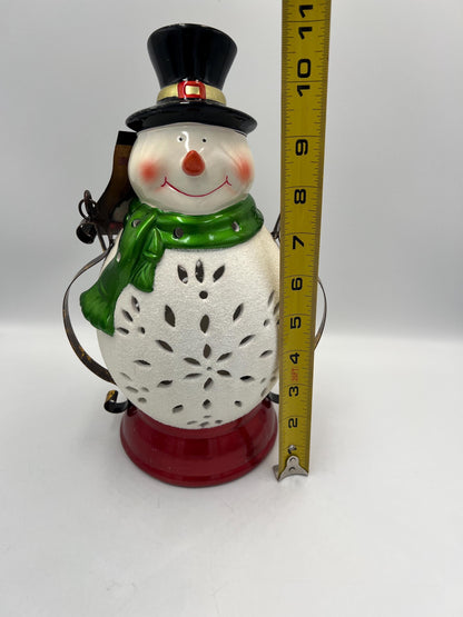 Christmas Snowman Lantern, Green Scarf and Top Hat (11 Inches Tall)
