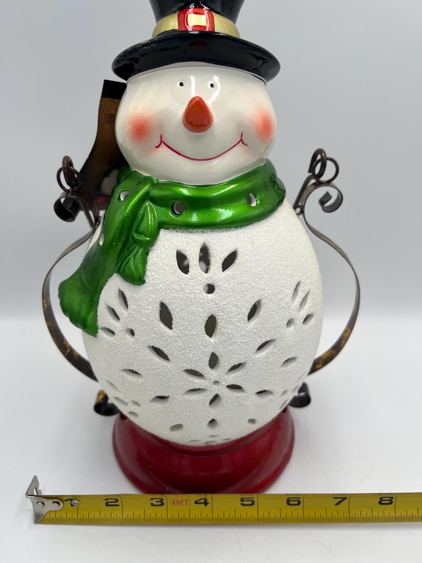 Christmas Snowman Lantern, Green Scarf and Top Hat (11 Inches Tall)