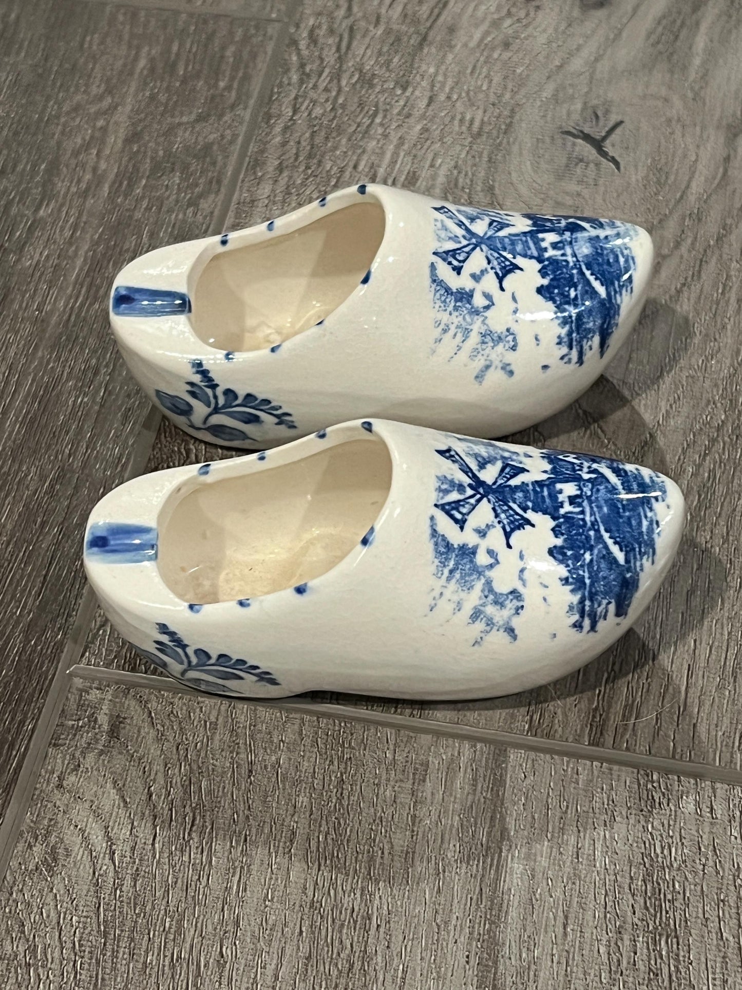 Vintage Pair BRECHNER & Co. Delft Blue Dutch Shoe Ashtray Hand-Painted Windmill