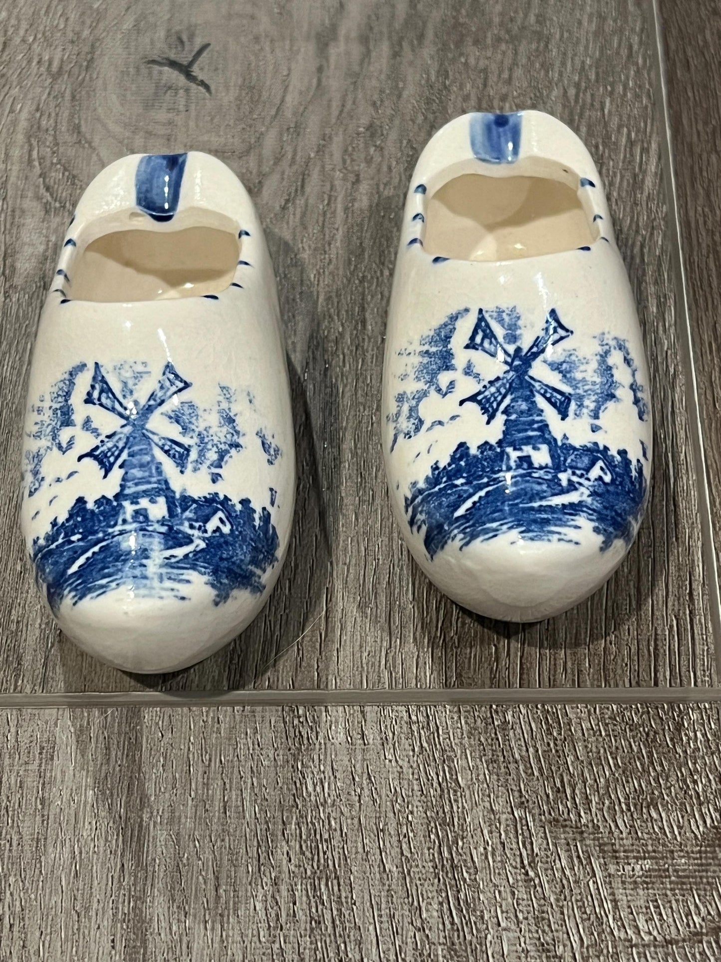 Vintage Pair BRECHNER & Co. Delft Blue Dutch Shoe Ashtray Hand-Painted Windmill
