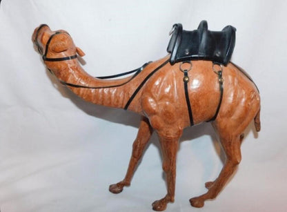 Vintage Dromedary Leather Wrapped Standing Camel Figure Statue 14" Tall W/Saddle and 2 Smaller Camels