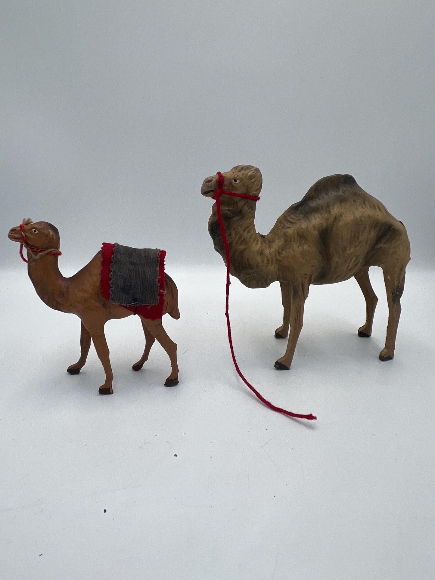 Vintage Dromedary Leather Wrapped Standing Camel Figure Statue 14" Tall W/Saddle and 2 Smaller Camels