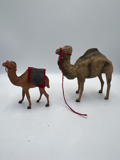 Vintage Dromedary Leather Wrapped Standing Camel Figure Statue 14" Tall W/Saddle and 2 Smaller Camels