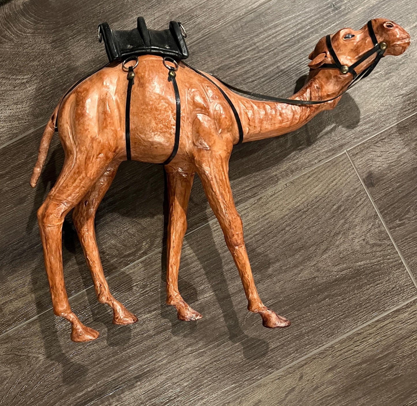 Vintage Dromedary Leather Wrapped Standing Camel Figure Statue 14" Tall W/Saddle and 2 Smaller Camels