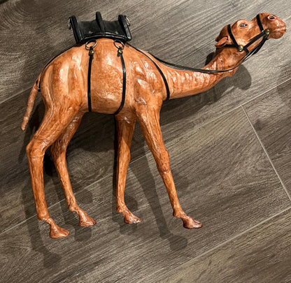 Vintage Dromedary Leather Wrapped Standing Camel Figure Statue 14" Tall W/Saddle and 2 Smaller Camels