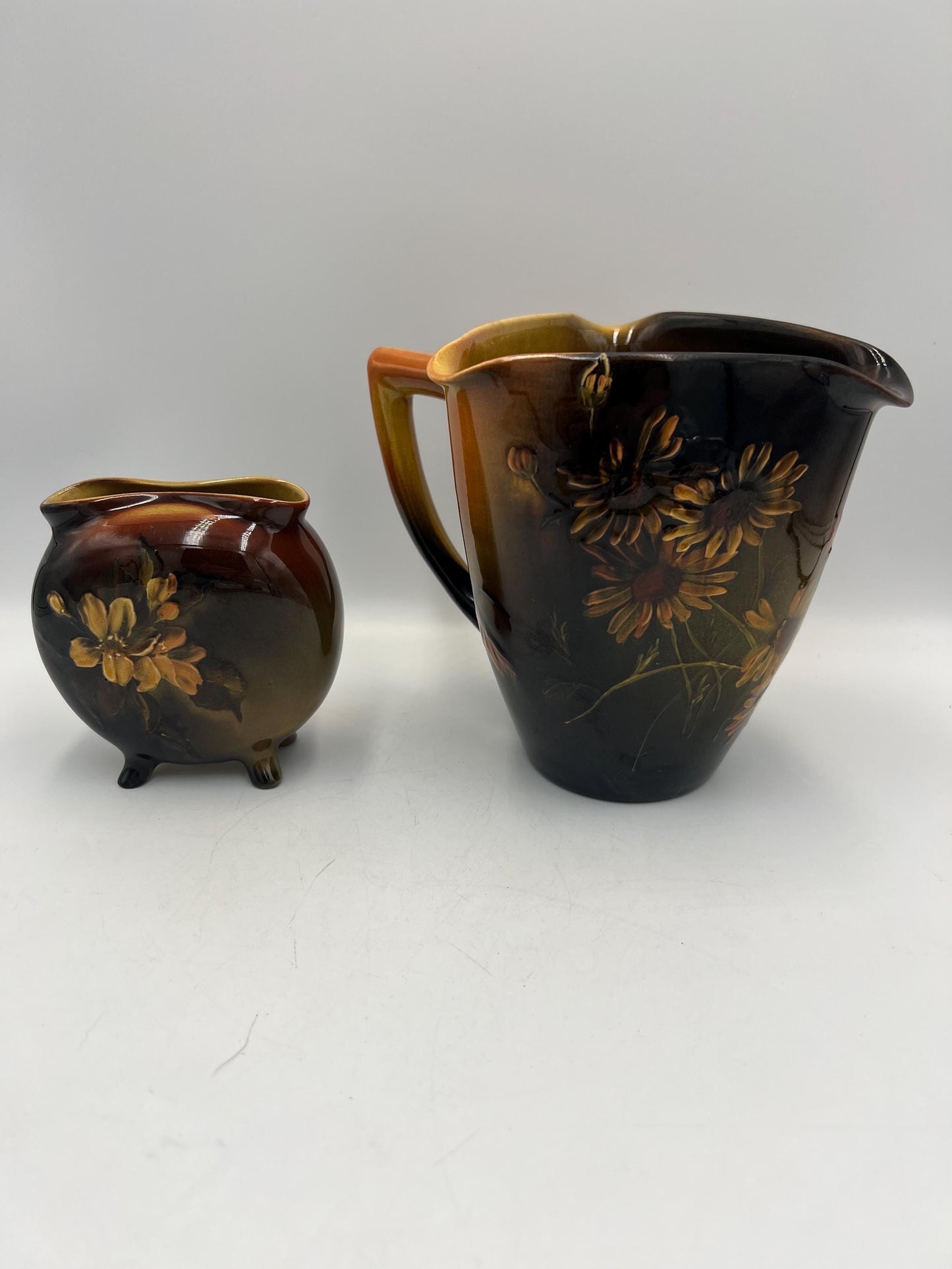 Vintage Rookwood 1890s/1900s Daisy Motif Triangular Pitcher and Small Vase - RARE pair - Constance Baker