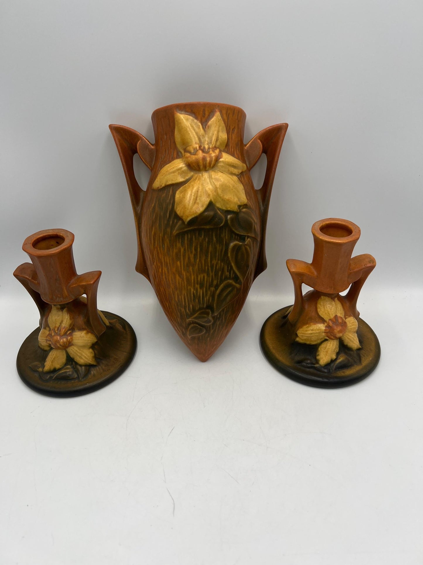 Roseville Clematis Autumn Brown Wall Pocket Vase and Candlestick Holders- Your Choice