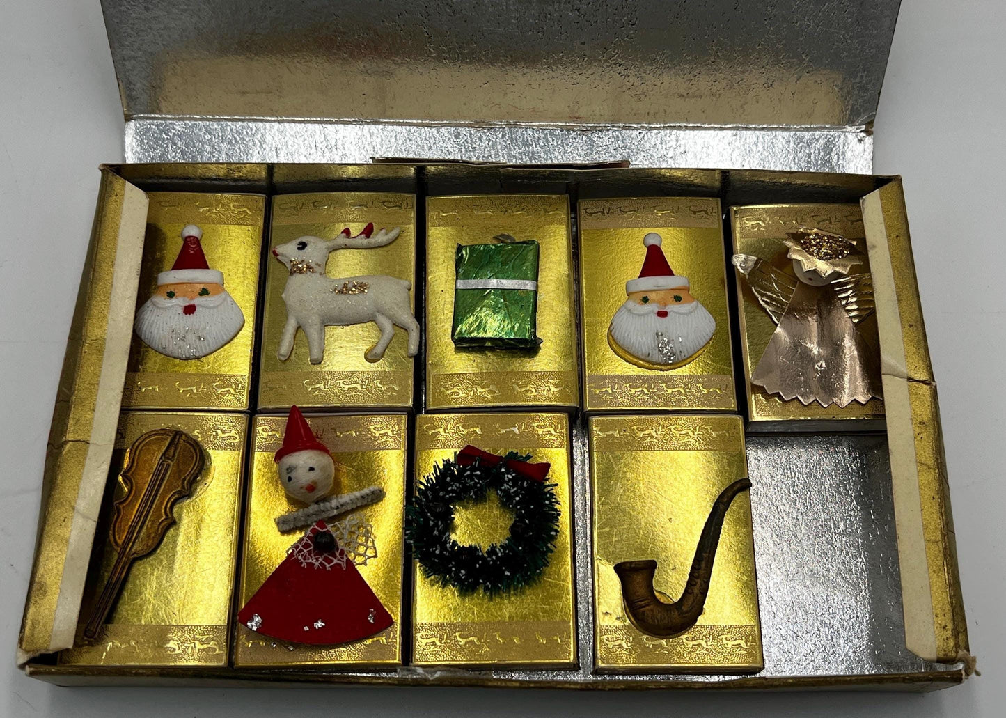 Noel Matchbox Set: 1950s Gold Foil with Green Flame - Holiday Decor