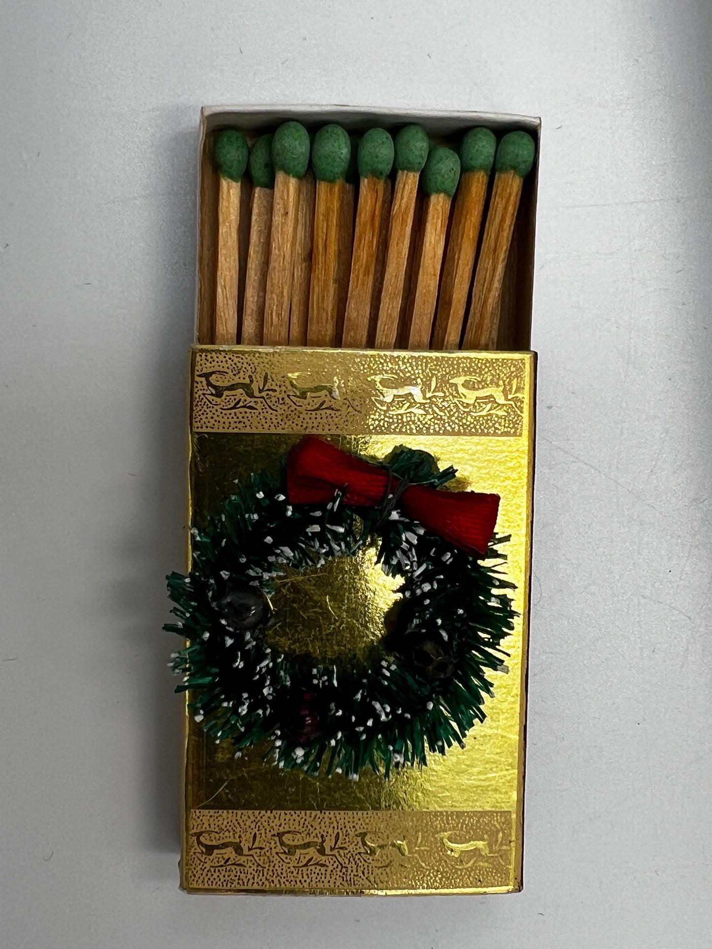 Noel Matchbox Set: 1950s Gold Foil with Green Flame - Holiday Decor