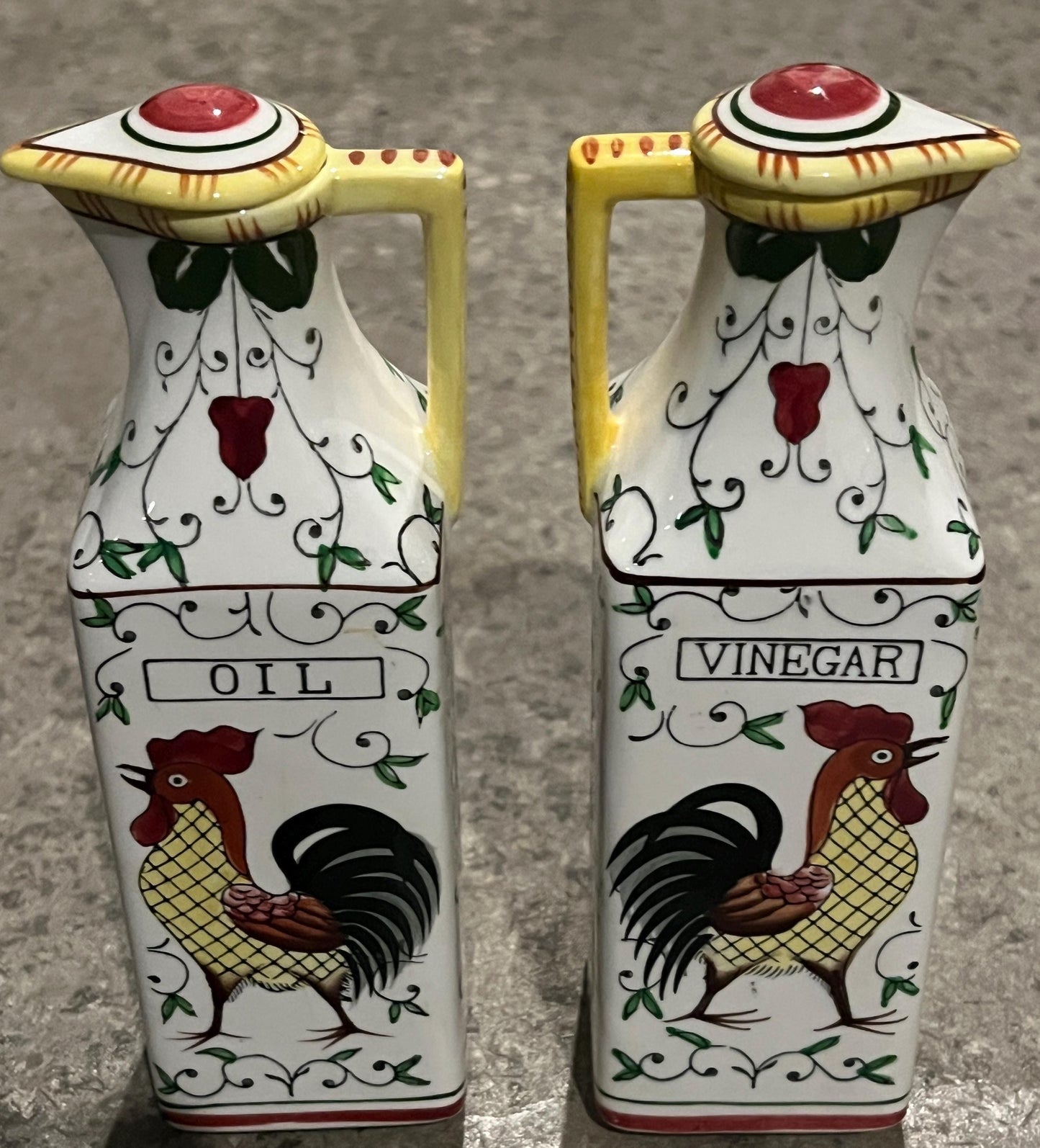 Vintage Ucagco Early Provincial Rooster and Roses Oil and Vinegar Cruet Set