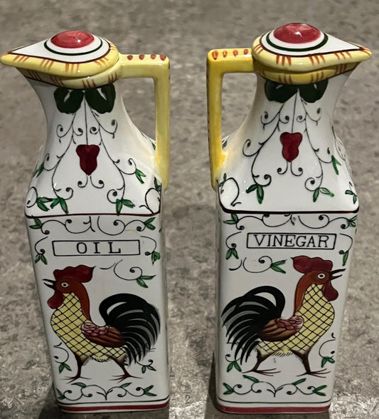 Vintage Ucagco Early Provincial Rooster and Roses Oil and Vinegar Cruet Set