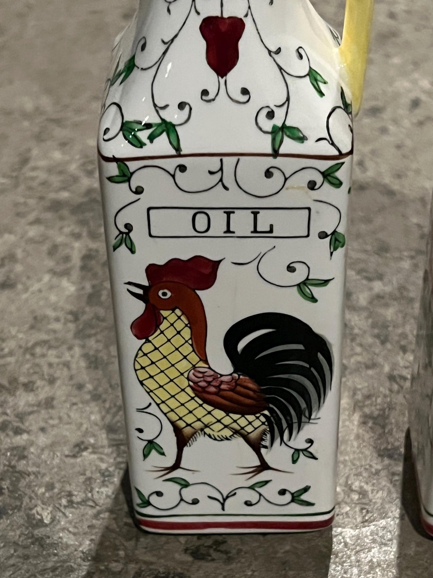 Vintage Ucagco Early Provincial Rooster and Roses Oil and Vinegar Cruet Set