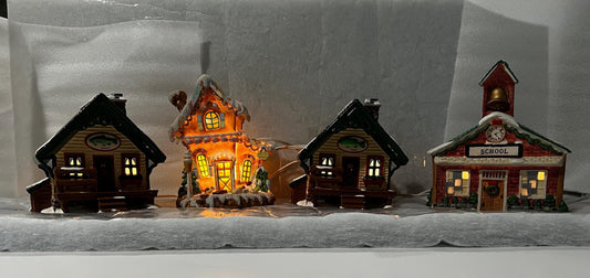 Christmas Village - Ready to go - 7 Pieces - 5 Lighted Houses - 2 Partylite Candle / Votive Holders