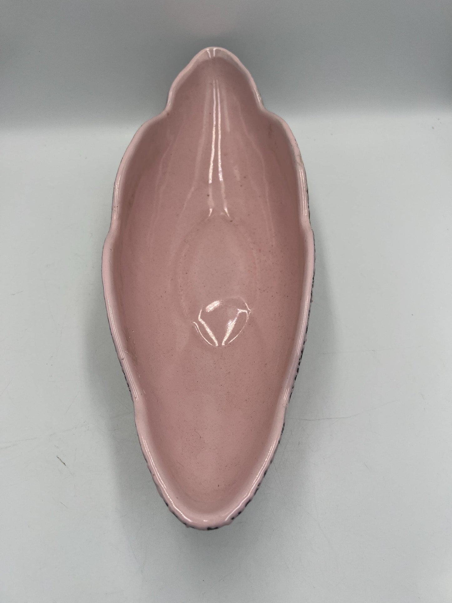 Vintage MCM Shawnee Pottery Pink Black Splatter Confetti Oval Console Bowl Planter Flower Pot Large