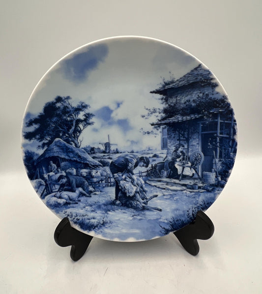 Vintage Delft Blue and White Collectible Wall Plate, Made in Holland, Dutch Wall Plate Sheep Shearing
