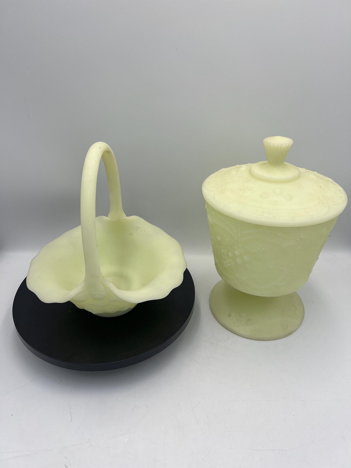 Fenton Uranium Custard Glass GLOWS - Water Lily Basket or Wild Strawberry Container - Your Choice