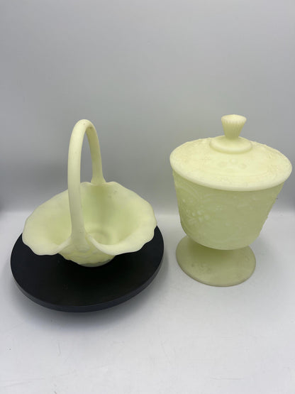 Fenton Uranium Custard Glass GLOWS - Water Lily Basket or Wild Strawberry Container - Your Choice