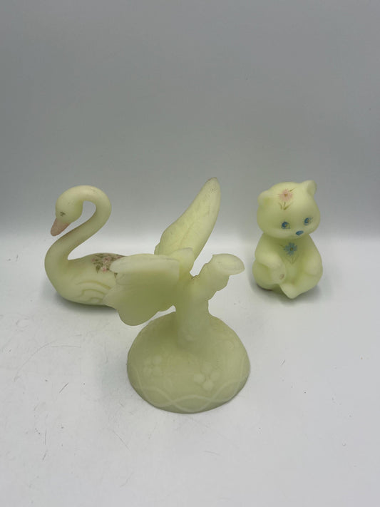 Fenton Custard Glass Animals - Bear - Swan - Butterfly Ring Holder - Glow in Dark