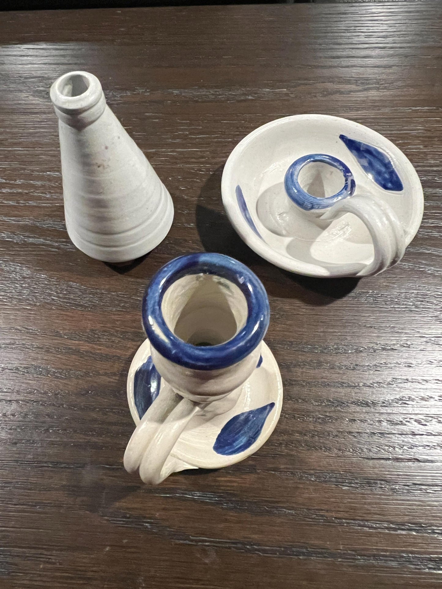 Ceramic Williamsburg Pottery Set Salt Glazed Candlestick Holders and Bud Vase - 3pc lot