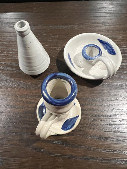 Ceramic Williamsburg Pottery Set Salt Glazed Candlestick Holders and Bud Vase - 3pc lot