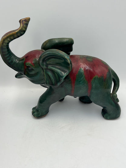 Elephant Figurine: Vintage Art Pottery (Green & Red Glaze)