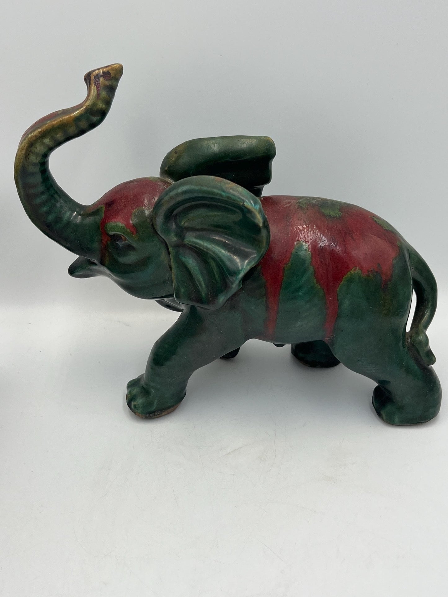 Elephant Figurine: Vintage Art Pottery (Green & Red Glaze)