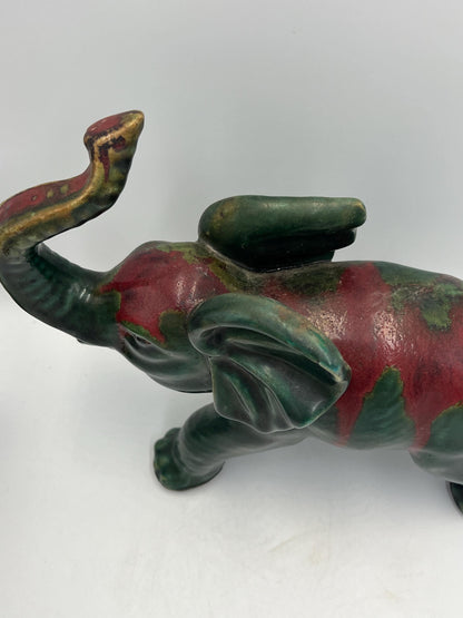 Elephant Figurine: Vintage Art Pottery (Green & Red Glaze)