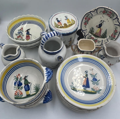 Quimper Faience Set 27 pcs plus Misc items - Bowls - Containers - Plates - Creamer - Sugar
