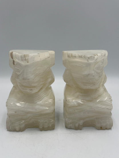 Vintage Carved Alabaster Onyx Stone Tiki Aztec Bookends 5" Tall