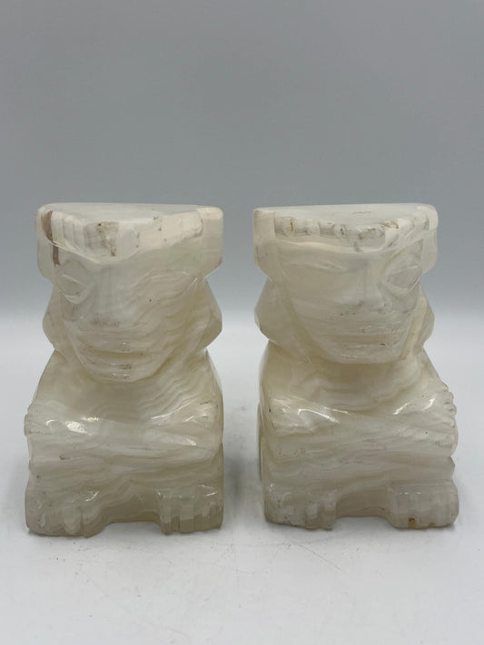 Vintage Carved Alabaster Onyx Stone Tiki Aztec Bookends 5" Tall