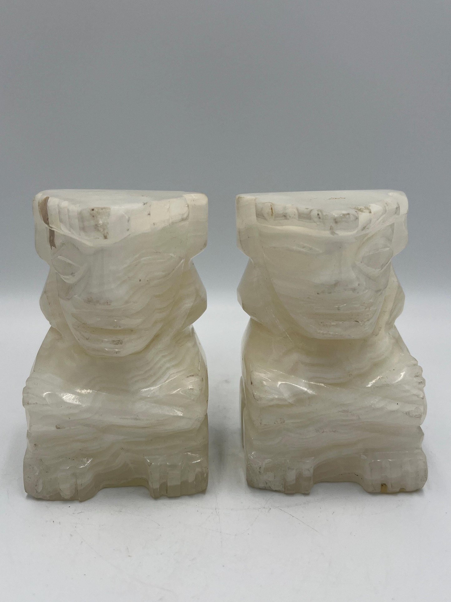 Vintage Carved Alabaster Onyx Stone Tiki Aztec Bookends 5" Tall