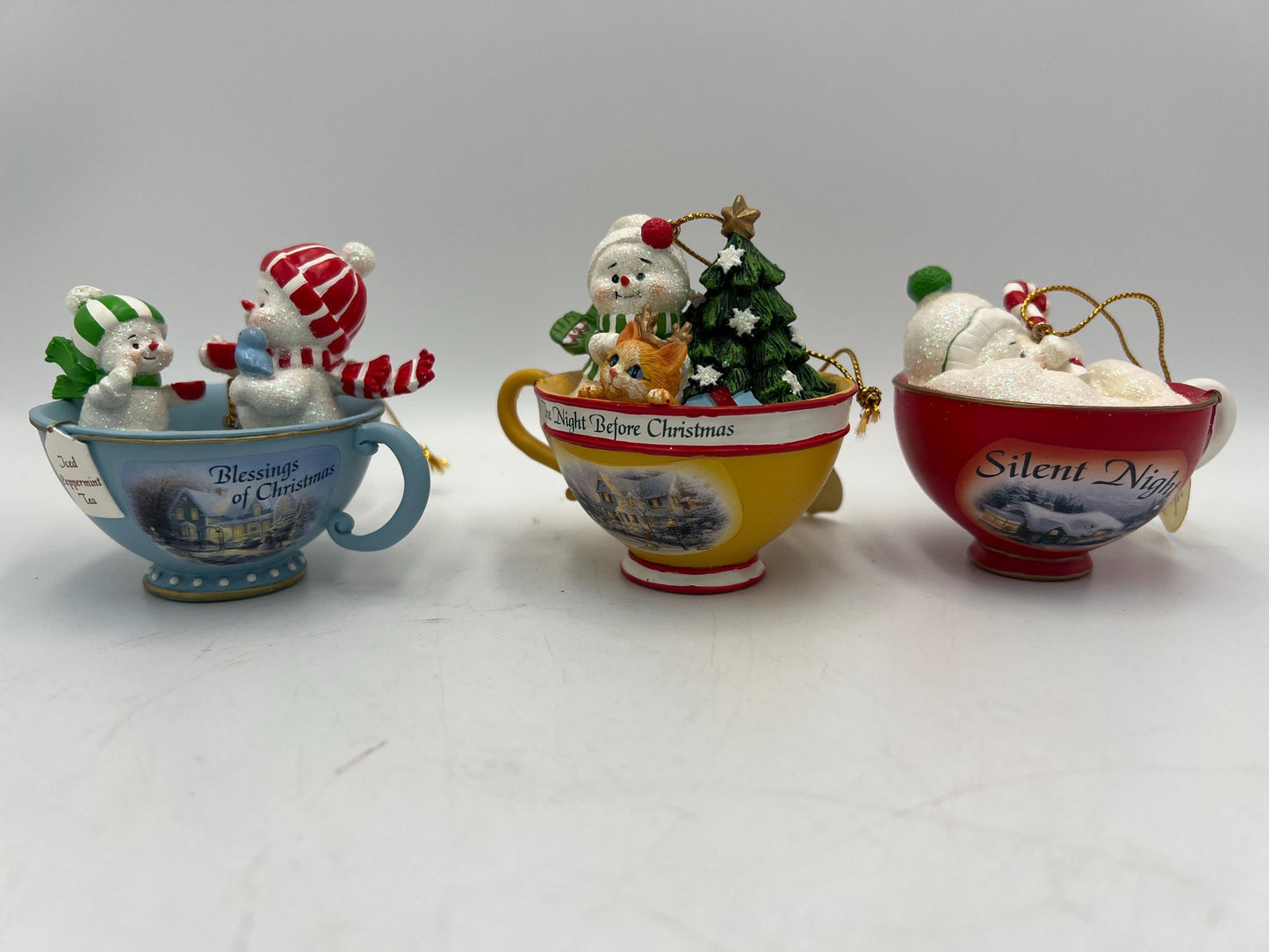 Thomas Kinkade Ornaments "Sweet Teas" Sets Snowmen in Teacups