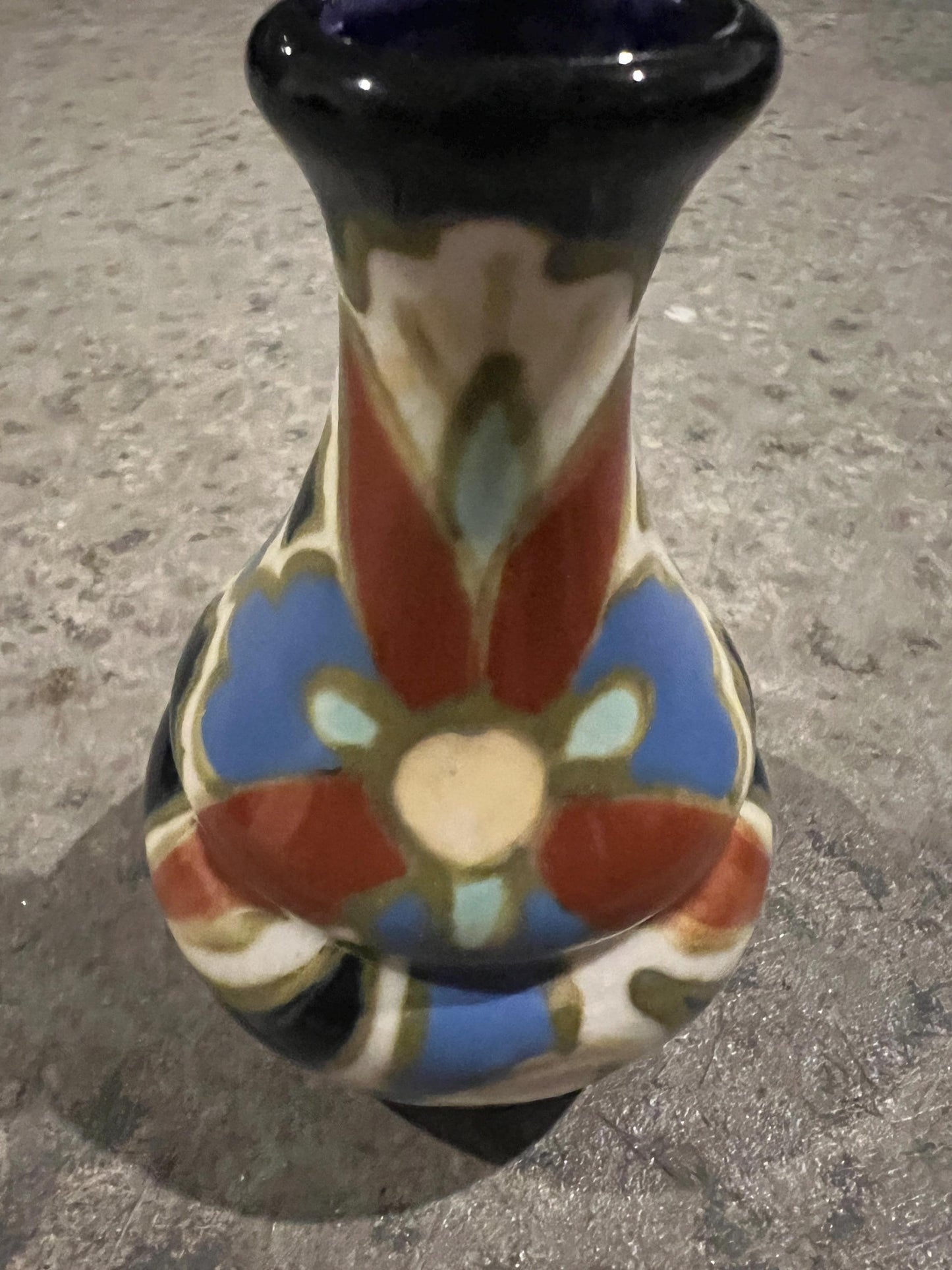 Vintage Gouda Style Lotus Vase: Blue Orange Floral Pottery