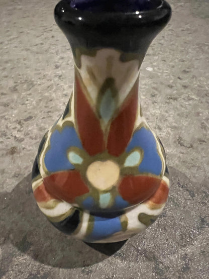 Vintage Gouda Style Lotus Vase: Blue Orange Floral Pottery