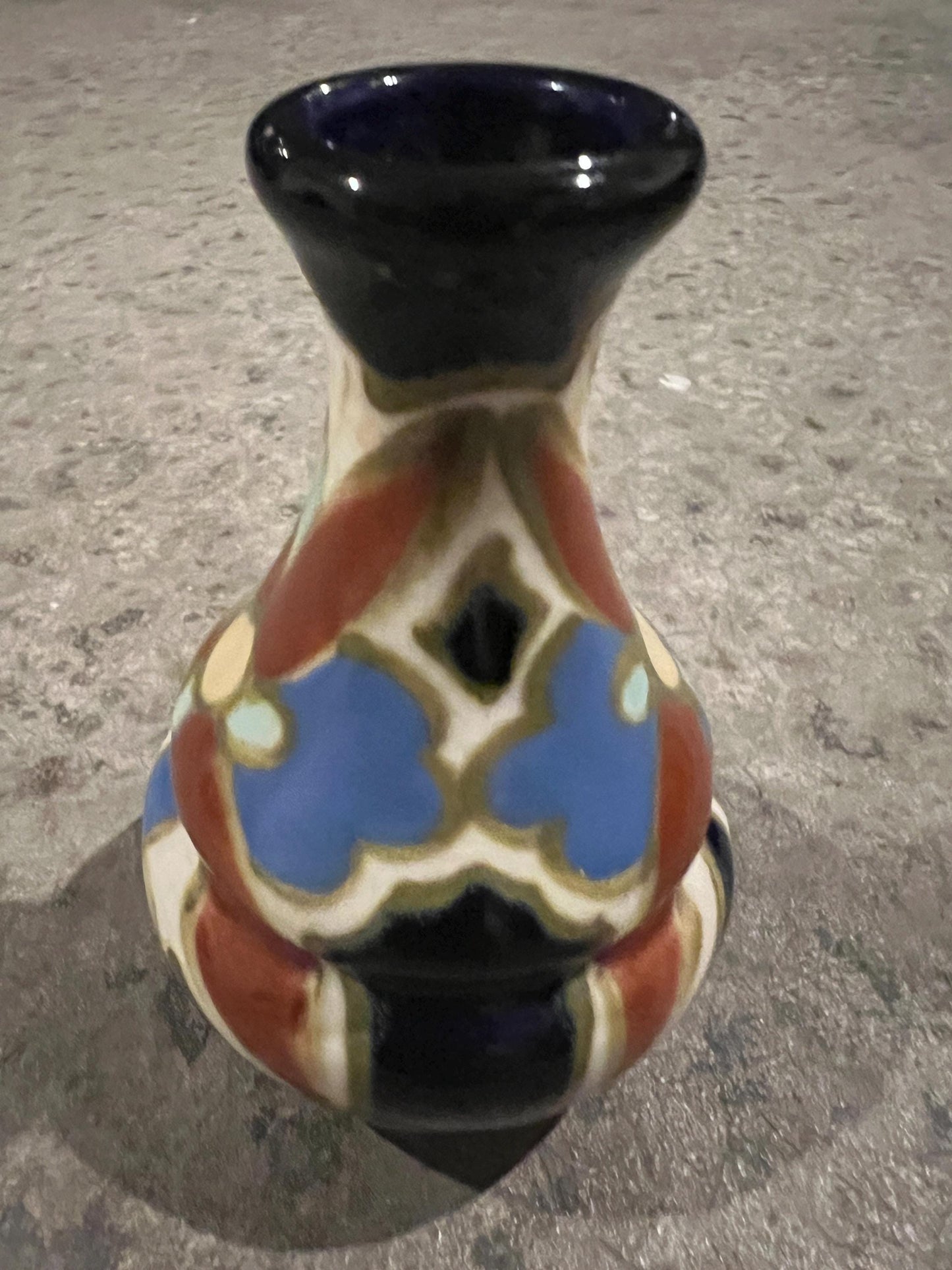 Vintage Gouda Style Lotus Vase: Blue Orange Floral Pottery