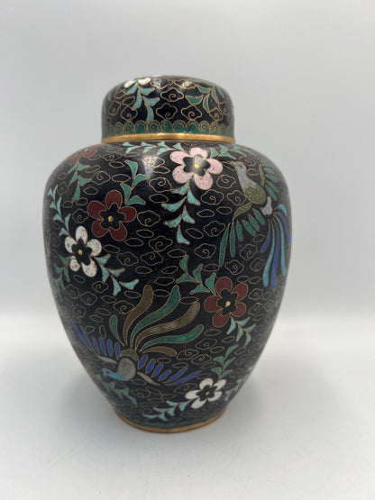 Asian Cloissone Black Ginger Jar with Floral Phoenix Design