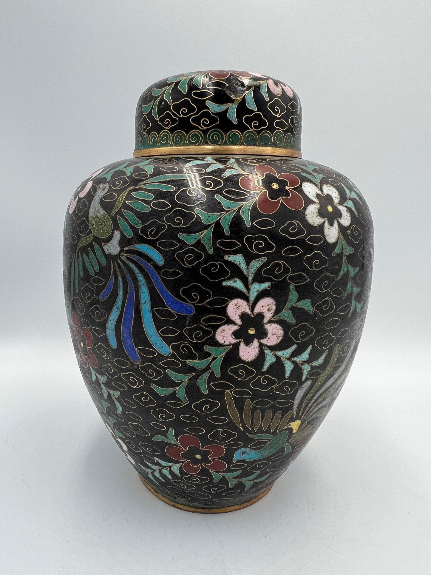 Asian Cloissone Black Ginger Jar with Floral Phoenix Design